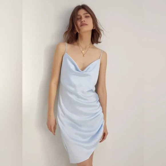 Aritzia Wilfred Sestina Ruched Satin Slip Dress Light Blue Size Large - Picture 3 of 8